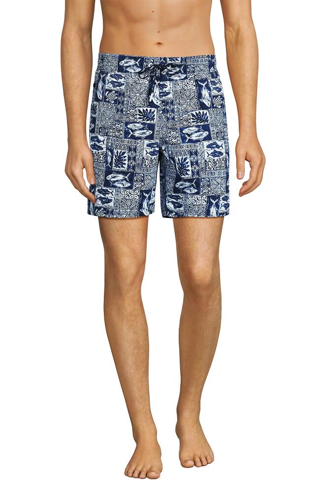 Lands' End 7" Volley Swim Trunks in Navy Fish Block Print Cover