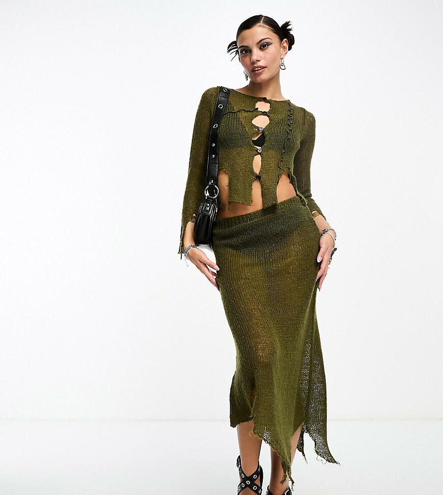 COLLUSION open stitch knitted midi skirt with asymmetric hem in khaki - part of a set-Green Cover