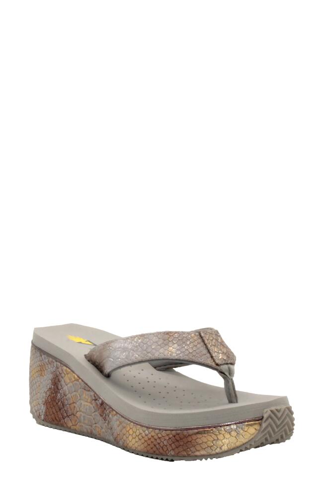 Volatile Frappachino Wedge Flip Flop in Natural Metallic Snake Print Cover