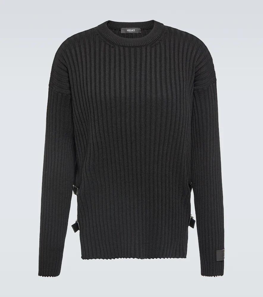 Versace Leather-trimmed knit wool sweater Cover