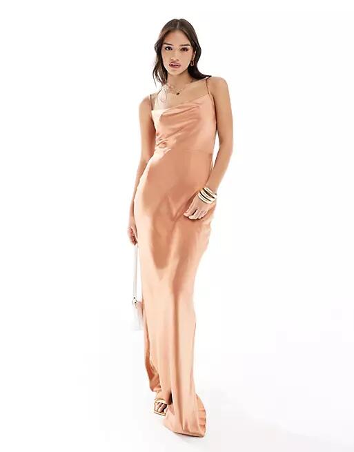 Pretty Lavish Bridesmaid Keisha cowl neck satin maxi dress in cinnamon-Brown Cover