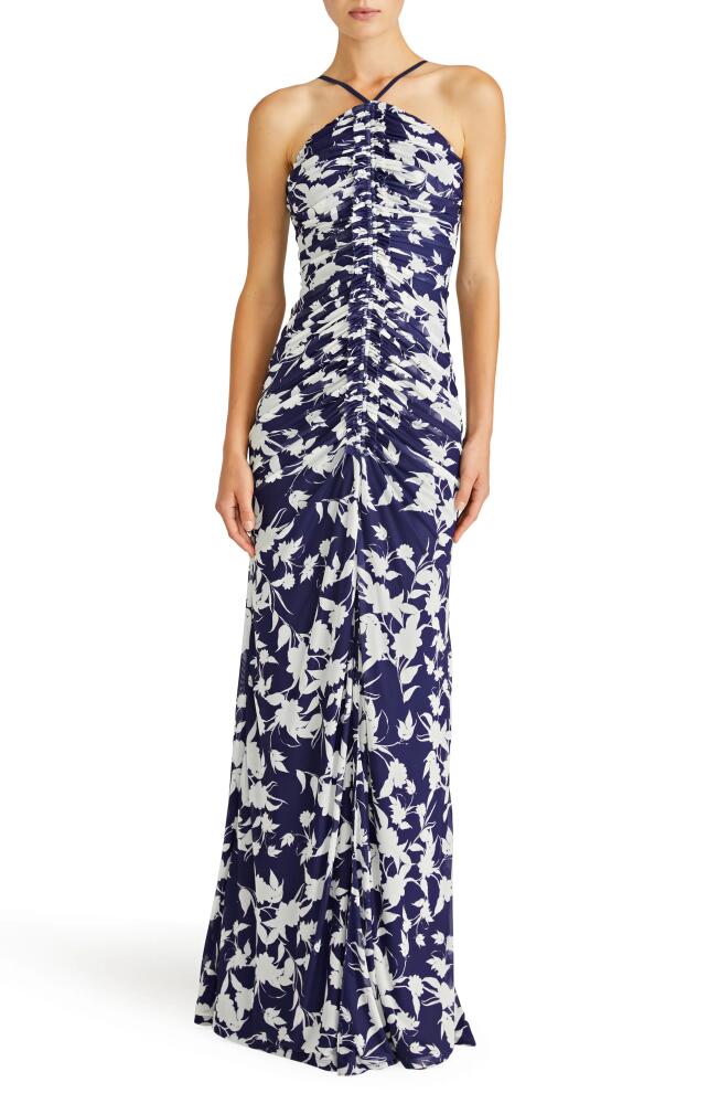 ML Monique Lhuillier Giuliana Ruched Sleeveless Mesh Gown in Indigo Botanical Cover