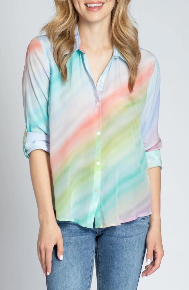 APNY Print Roll-Up Sleeve Chiffon Button-Up Shirt in Blue Multi Cover