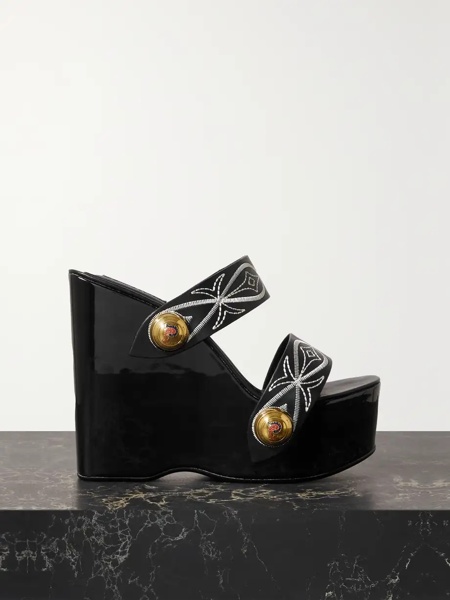 PUCCI - Embellished Embroidered Leather Wedge Sandals - Black Cover