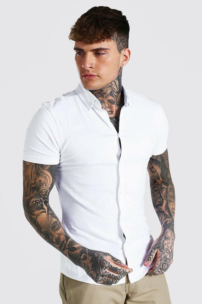 boohoo Mens Short Sleeve Stretch Fit Jersey Knit Shirt - White Cover