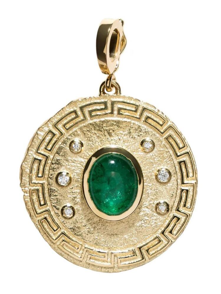 Azlee 18kt yellow gold large Greek emerald and diamong coin pendant Cover