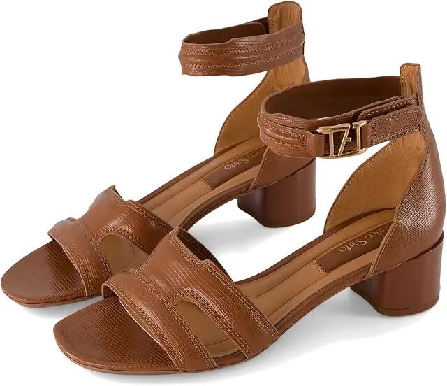 Franco Sarto Nora Ankle Strap Low Block Heel Sandals (Cognac Brown Smooth) Women's Sandals Cover