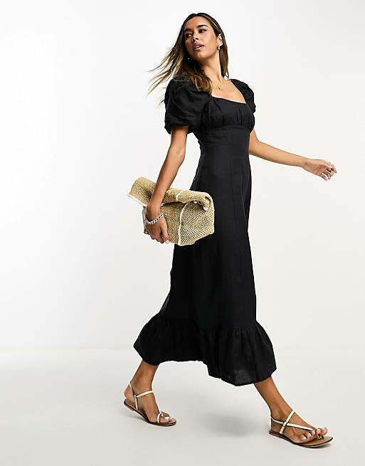 & Other Stories linen puff sleeve midaxi dress with split in black Cover