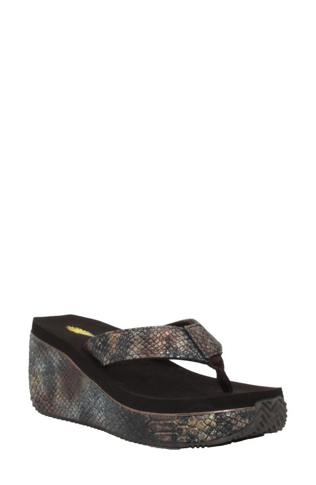 Volatile Frappachino Wedge Flip Flop in Brown Metallic Snake Print Cover