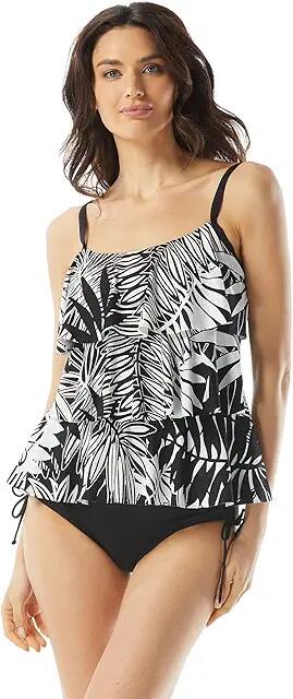 BEACH HOUSE Abstract Palm Jane Ruffle Tiered Tankini (Black) Women's Swimwear Cover