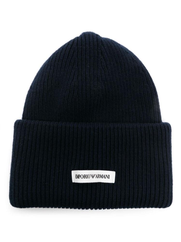 Emporio Armani logo-patch chunky-knit beanie - Blue Cover