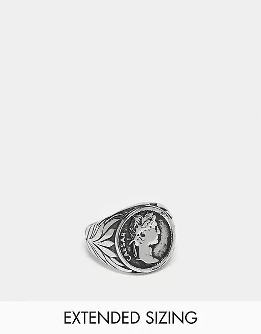 ASOS DESIGN waterproof stainless steel signet ring with Caesar in burnished silver tone Cover