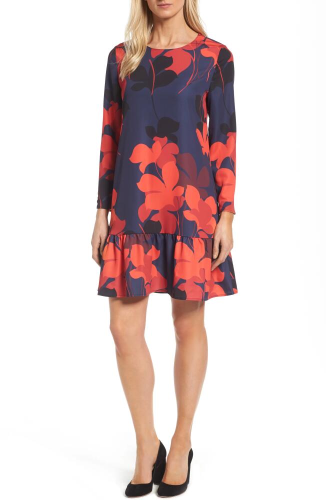 halogen(r) Button Back Ruffle Hem Dress in Navy- Burgundy Floral Cover