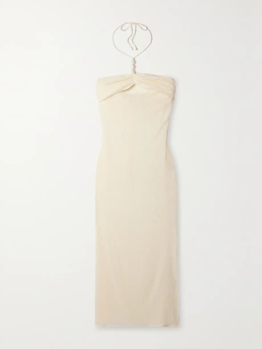 Magda Butrym - Embellished Gathered Stretch Lyocell-blend Halterneck Maxi Dress - Cream Cover