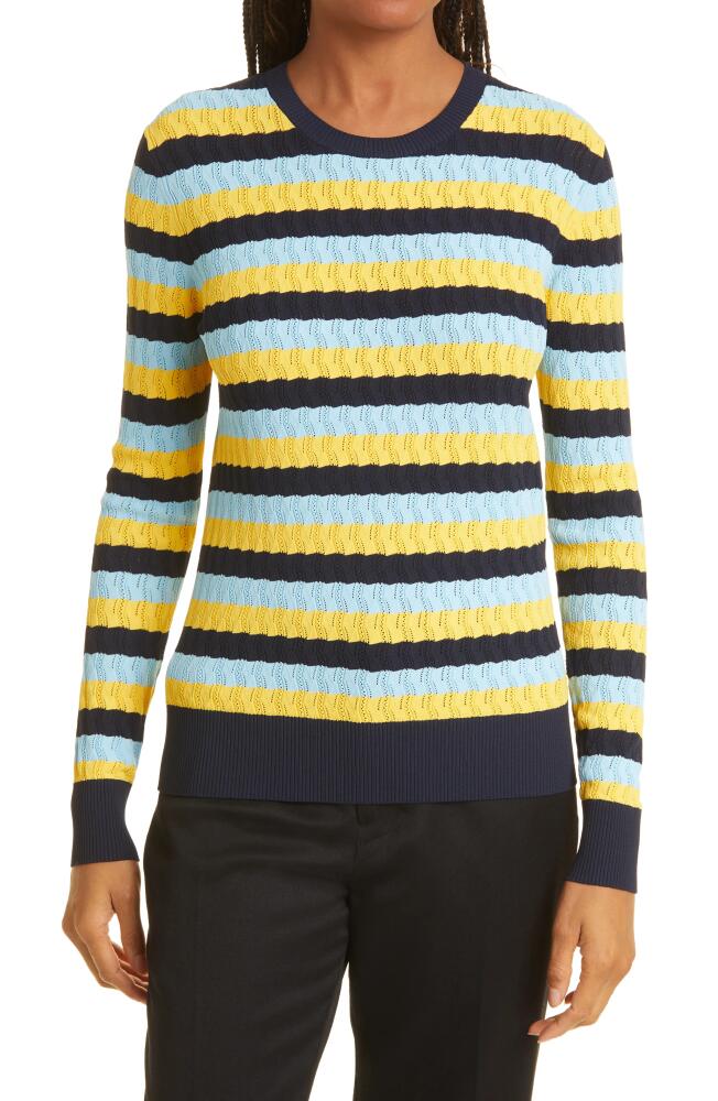 JASON WU Stripe Pointelle Crewneck Sweater in Navy/Yellow/Harbor Blue Cover