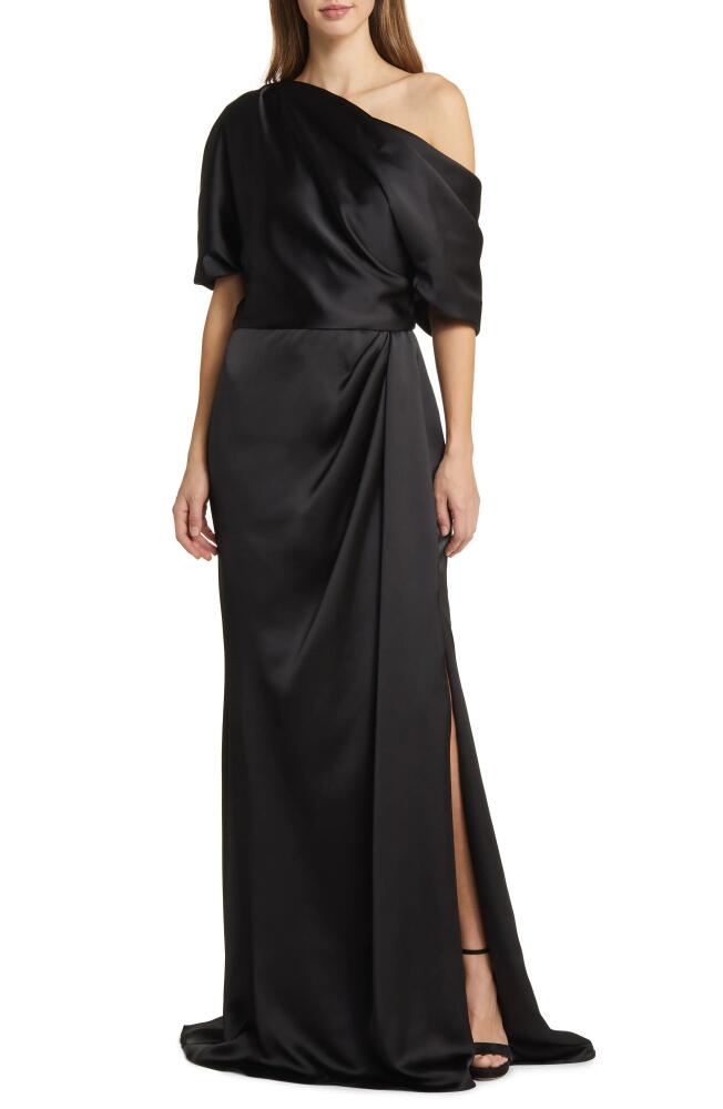 Amsale Gathered One-Shoulder Satin Gown in Black Cover