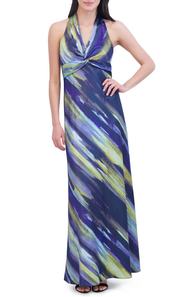 Vince Camuto Abstract Print Knot Front Satin Gown in Navy Multi Cover