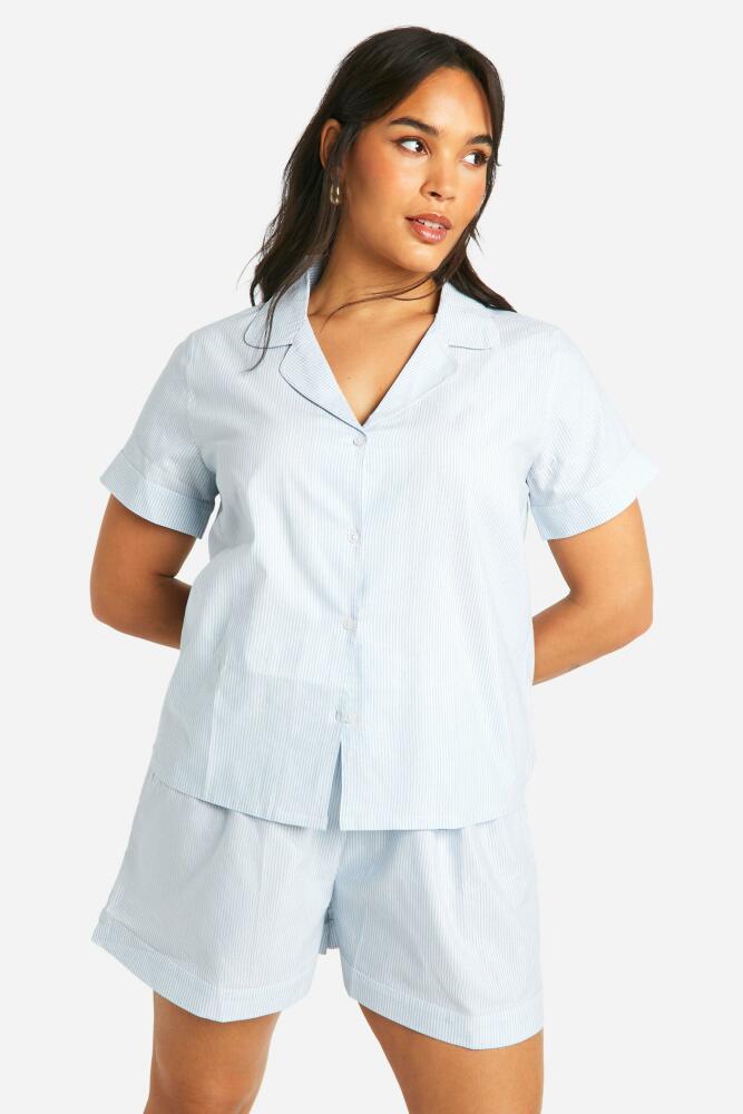 boohoo Womens Plus Cotton Stripe Button Down Shirt And Short Pajama Set - Blue Cover