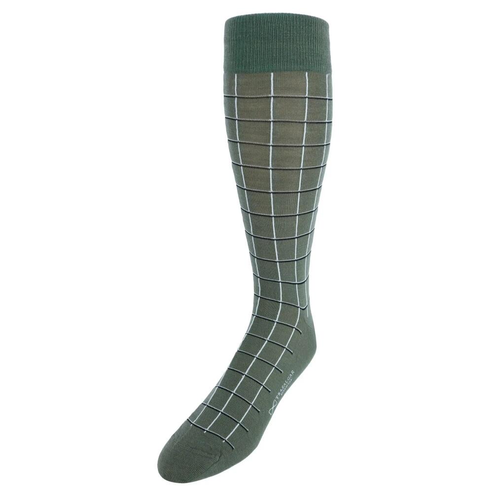 Trafalgar Oscar Windowpane Merino Wool Mid-Calf Socks in Green With Black And Cream Cover