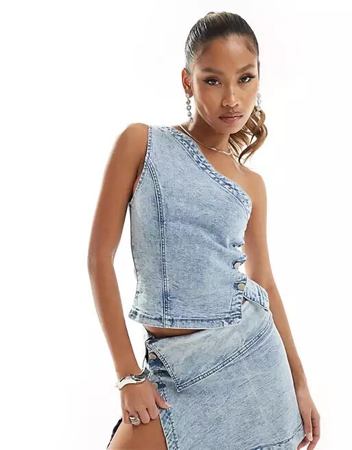 Simmi denim one shoulder top with button detail side in acid wash blue - part of a set Cover