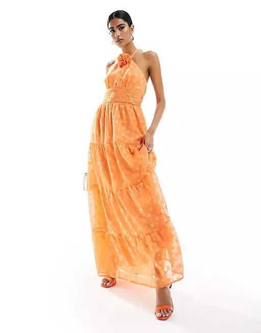 Maya halterneck maxi dress with corsage detail in orange Cover