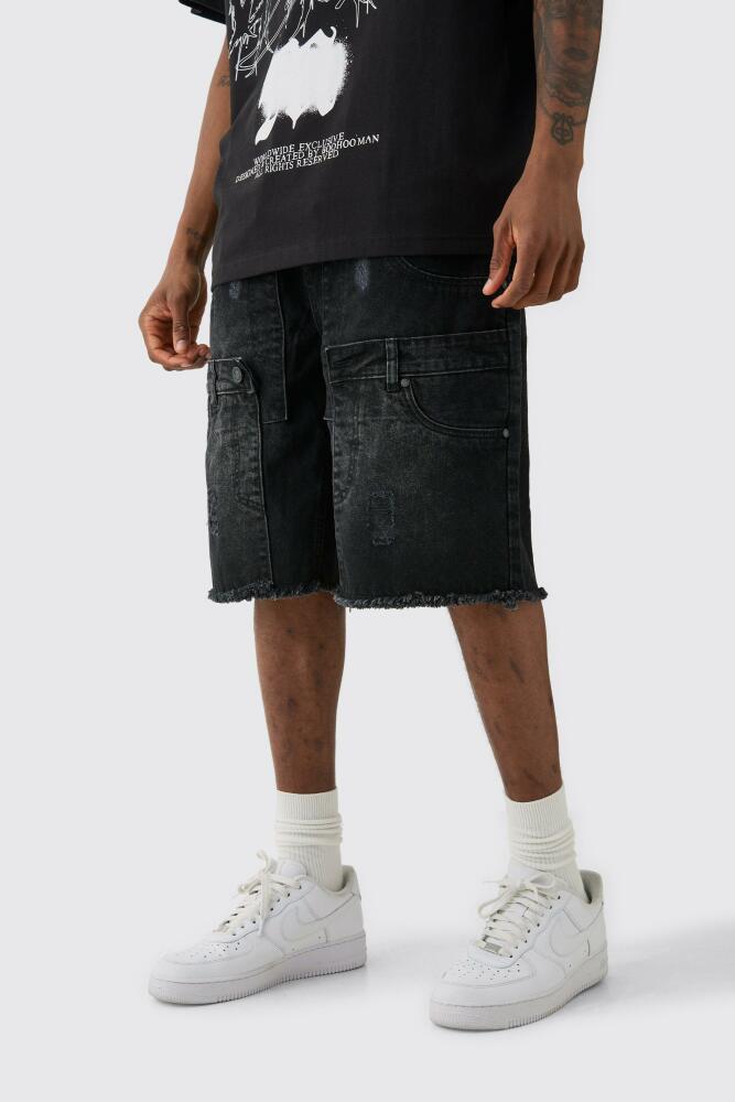 boohoo Mens Tall Multi Waistband Relaxed Fit Jean Shorts - Black Cover