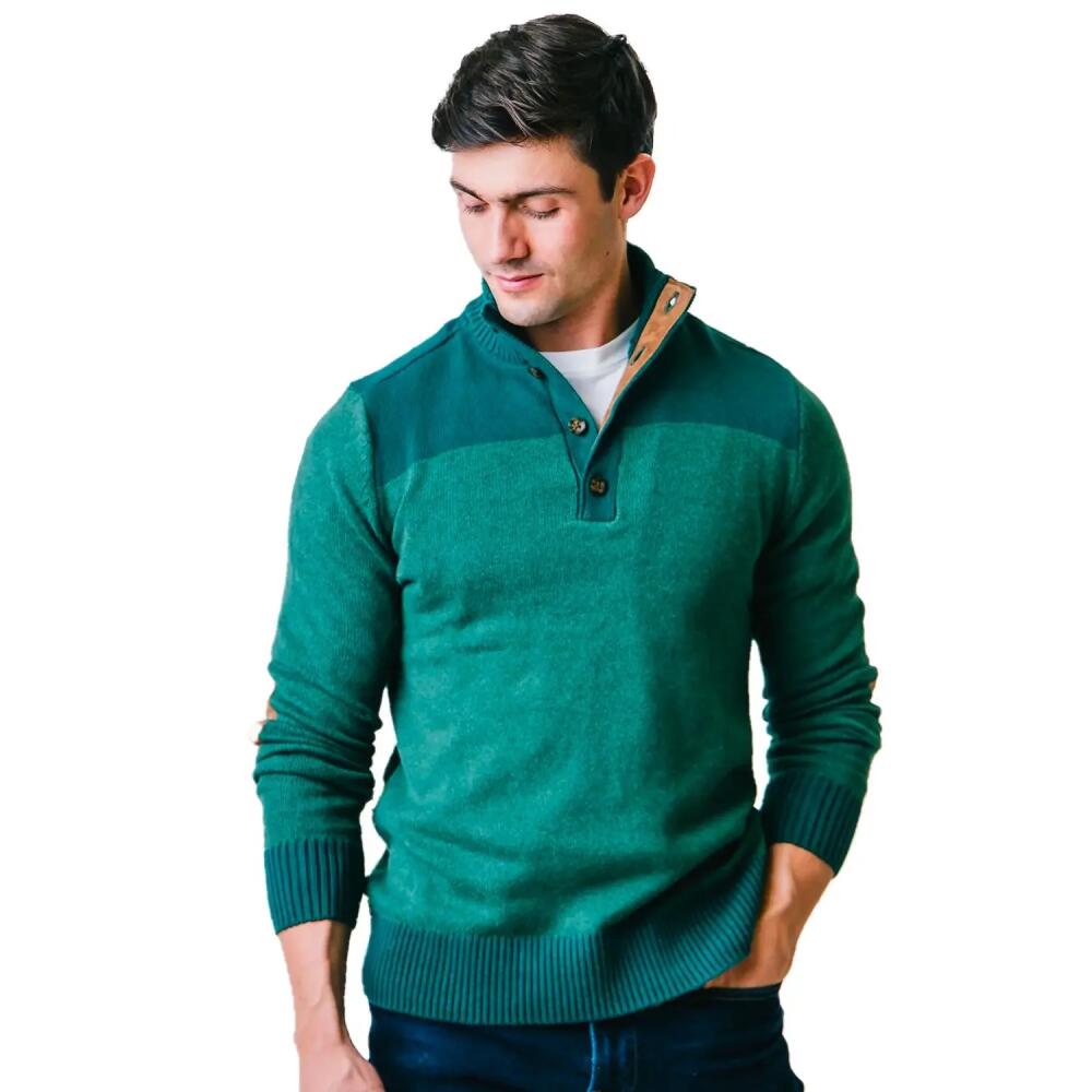 Hope & Henry Men's Organic Contrast Sweater with Elbow Patches in Deep Green Heather Cover