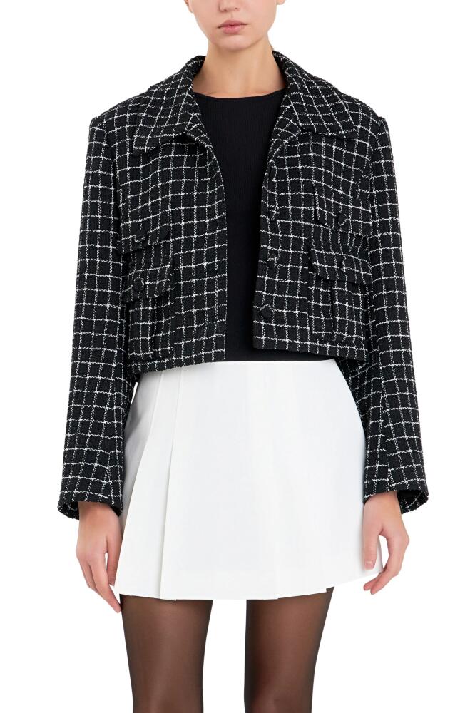 English Factory Windowpane Check Tweed Crop Blazer in Black Cover