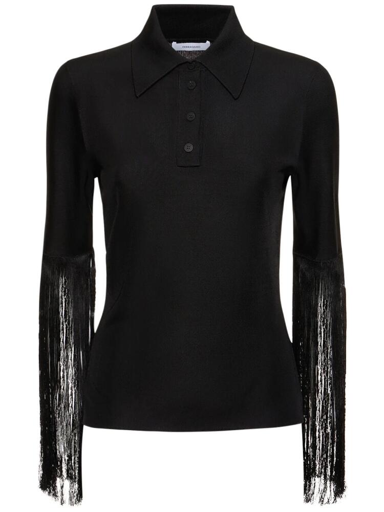 FERRAGAMO Fringed Viscose Jersey Long Sleeve Top Cover