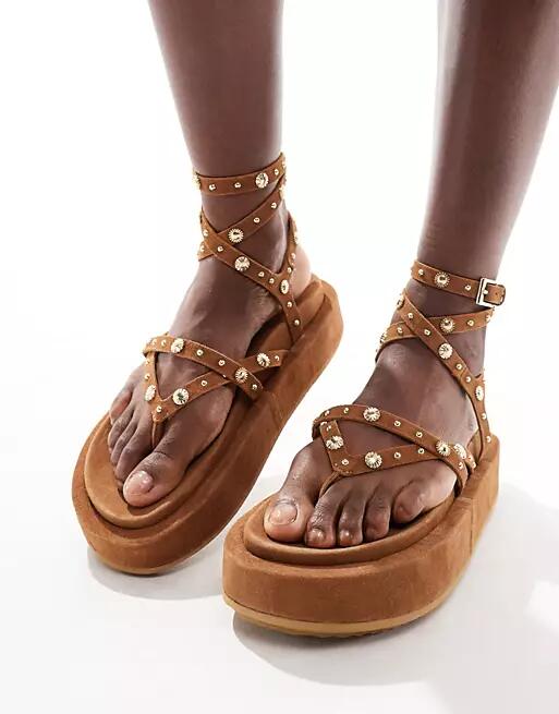 ASOS DESIGN Fondue premium suede studded strappy sandals in tan-Brown Cover