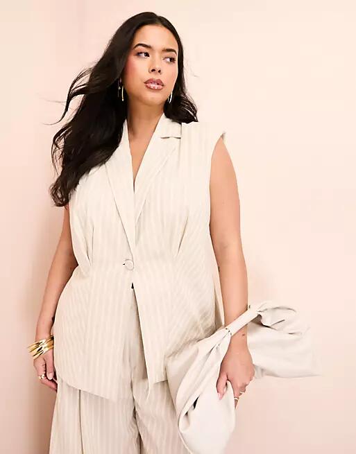 ASOS LUXE Curve linen mix longline sleeveless tailored blazer with bow back in stripe print-Neutral Cover