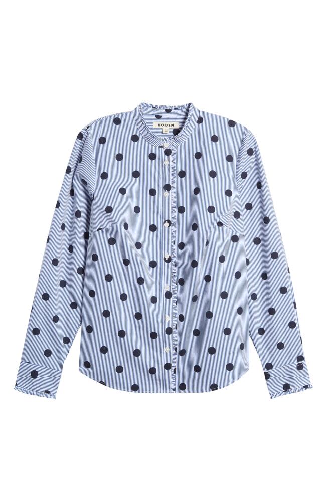 Boden Phoebe Print Cotton Button-Up Shirt in Navy, Spot Stripe Cover