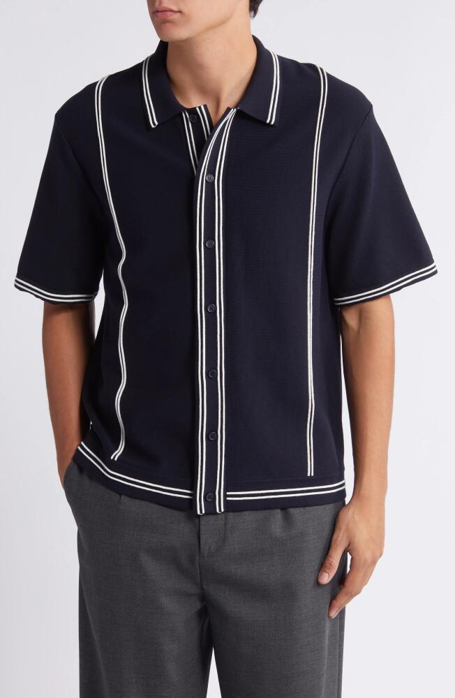 Wax London Minori Short Sleeve Milano Knit Button-Up Shirt in Navy Cover