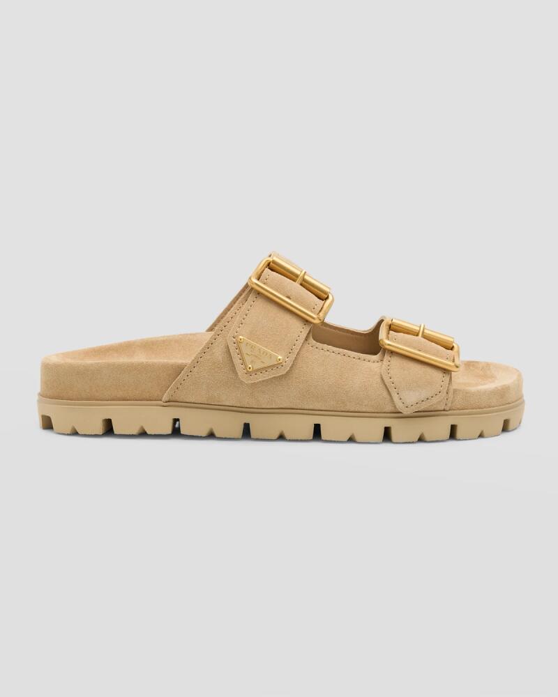 Prada Suede Double-Buckle Slide Sandals Cover