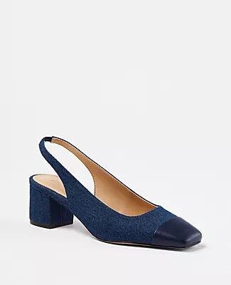 Ann Taylor Denim Cap Toe Block Heel Slingback Pumps Cover