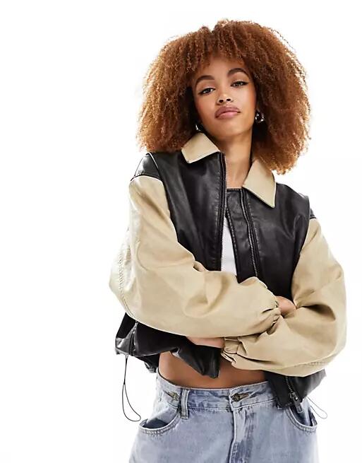 Lioness leather look contrast bomber jacket in black and camel-Neutral Cover