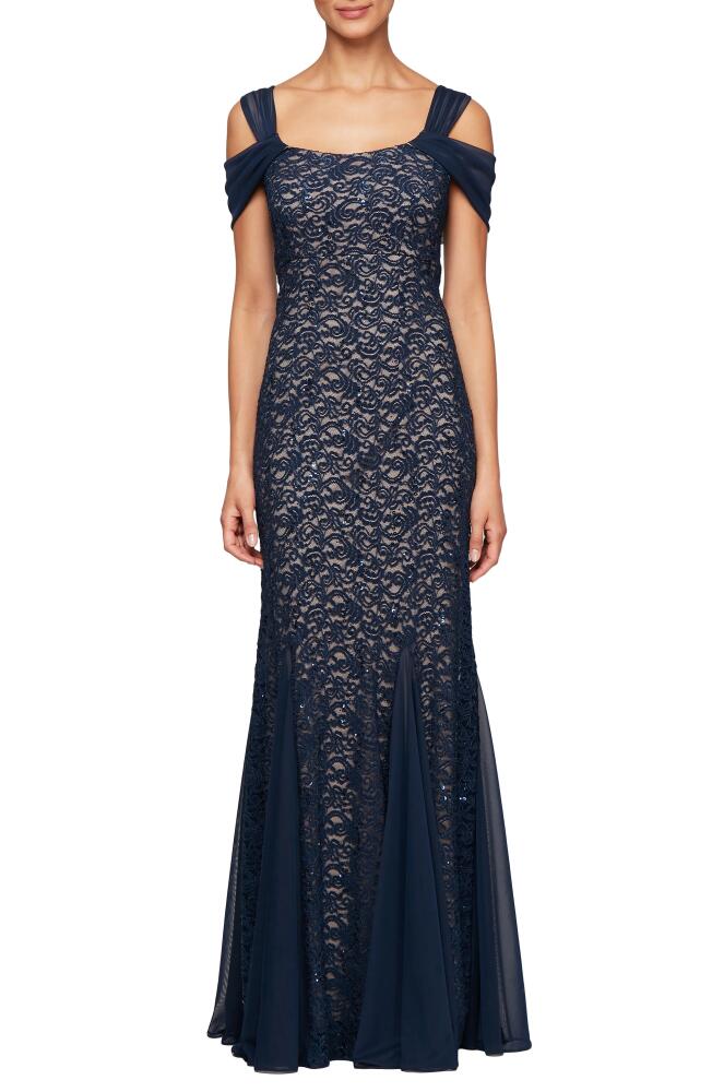 Alex Evenings Cold Shoulder Fit & Flare Evening Gown in Navy/Nude Cover