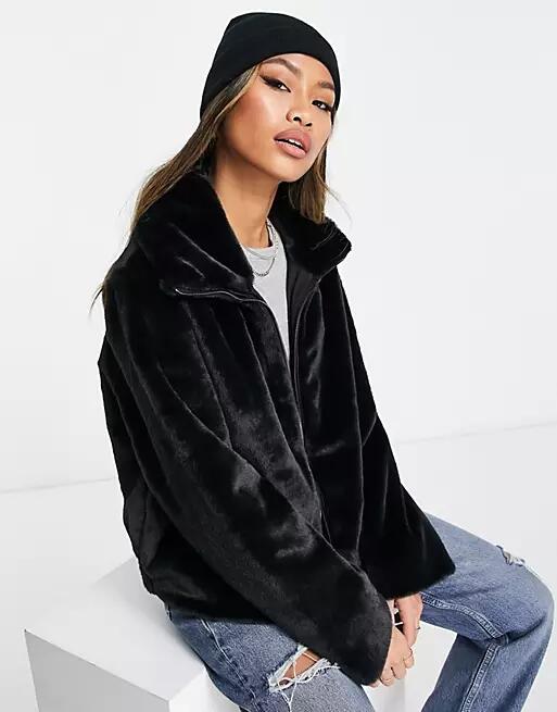 French Connection faux fur high neck bomber jacket in black Cover