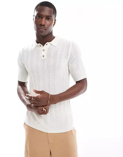 ASOS DESIGN muscle knitted polo t-shirt in slubby rib in stone-Neutral Cover