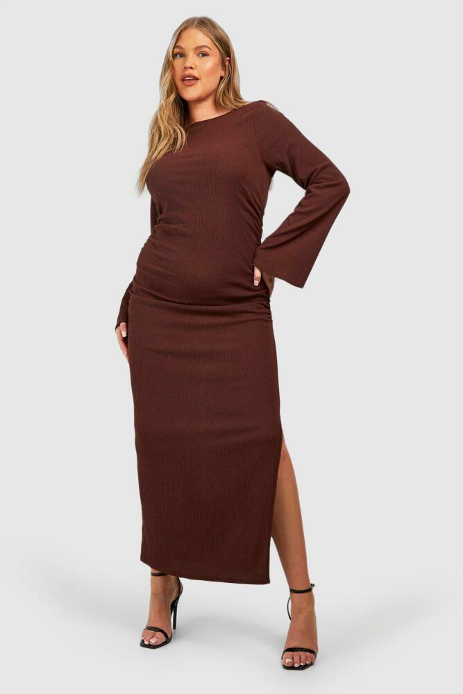 boohoo Womens Plus Textured Long Sleeve Flare Split Midi Dress - Brown Cover