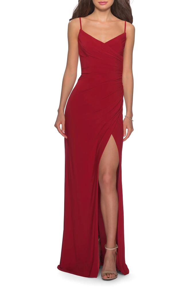 La Femme Ruched Jersey Trumpet Gown in Deep Red Cover