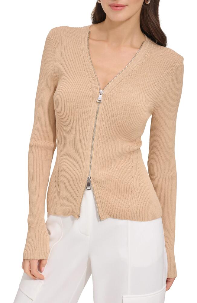 DKNY Rib Zip Front Sweater in Sandalwood Cover