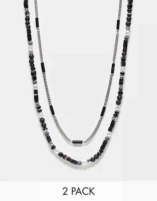 ASOS DESIGN 2 pack semi-precious beaded necklace in black tone Cover