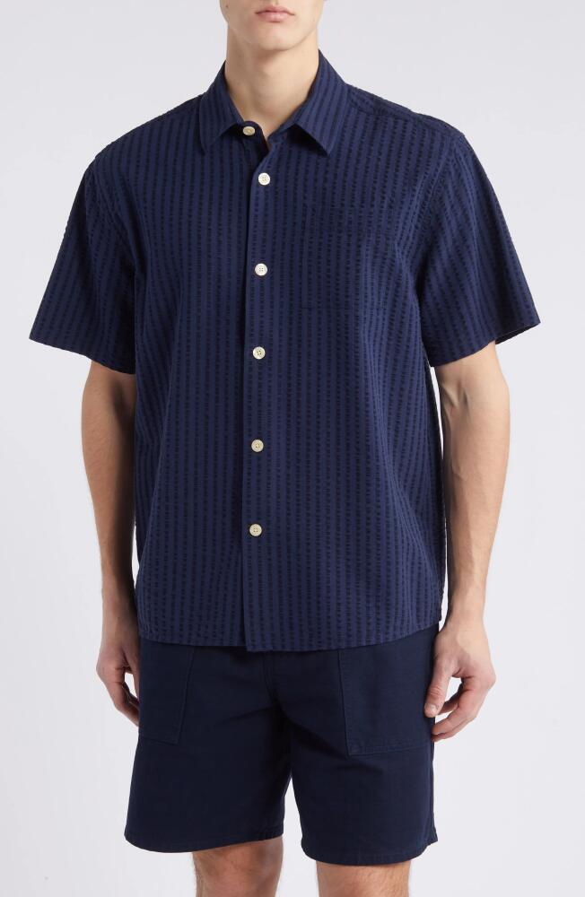 FORET Vole Short Sleeve Seersucker Button-Up Shirt in Navy Cover