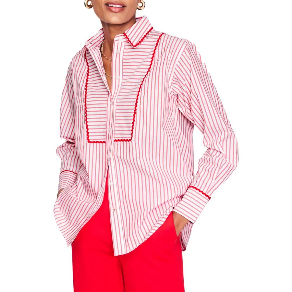 Boden Connie Rickrack Trim Stripe Cotton Button-Up Shirt in Red Ivory Stripe Cover