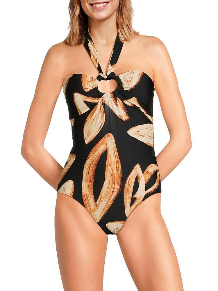 DKNY Women's One-Piece Halterneck Swimsuit - Mocha Multi Cover