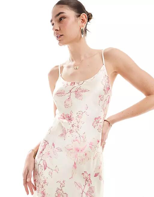 Ever New satin maxi slip dress in ivory floral-White Cover