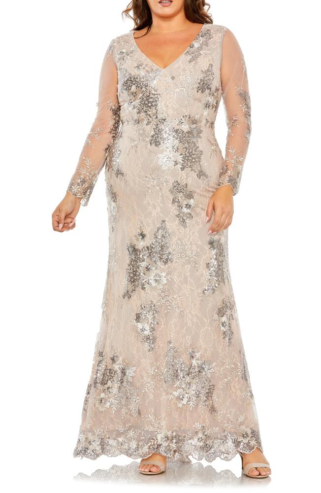 FABULOUSS BY MAC DUGGAL Sequin Embroidered Illusion Long Sleeve Gown in Taupe Cover