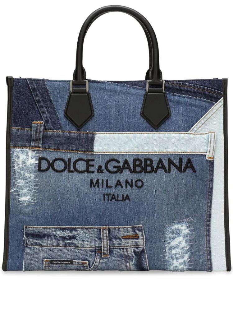 Dolce & Gabbana logo-embroidered denim-patchwork tote bag - Blue Cover