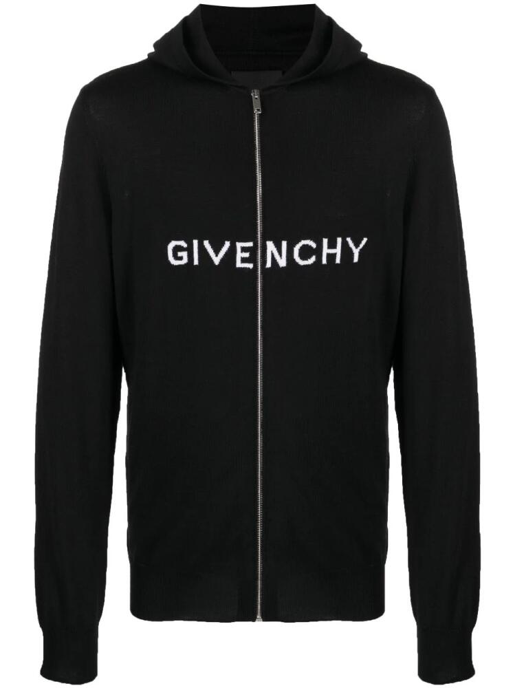 Givenchy intarsia knit-logo wool hooded jacket - Black Cover